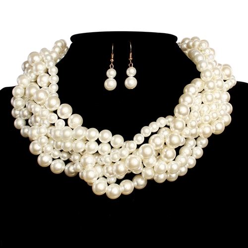 Ensemble de colliers de perles crème en chaîne dorée torsadée + Des boucles d'oreilles