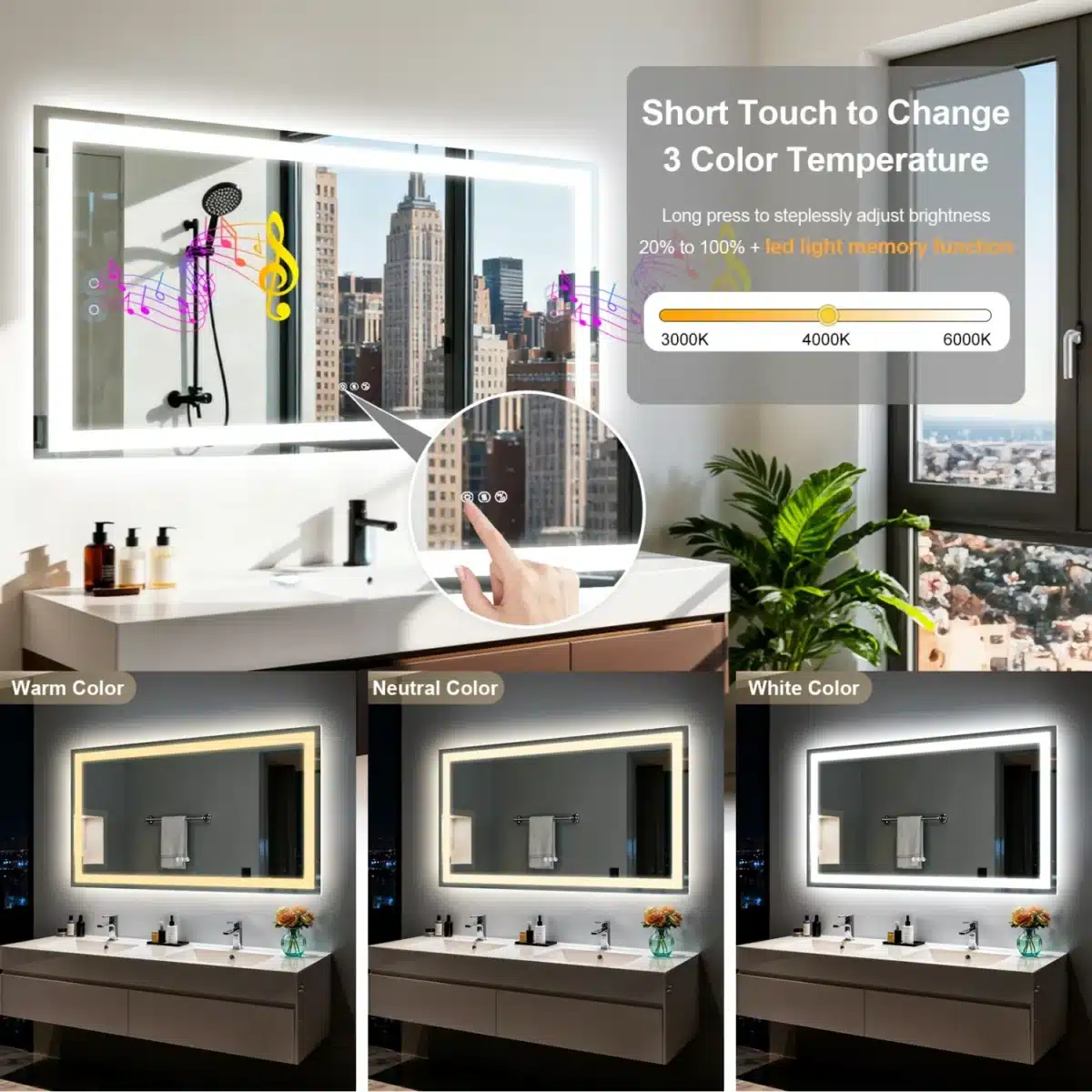 60cm LED Bluetooth Bathroom Mirror 3 Color Dimmable Waterproof | RK ...